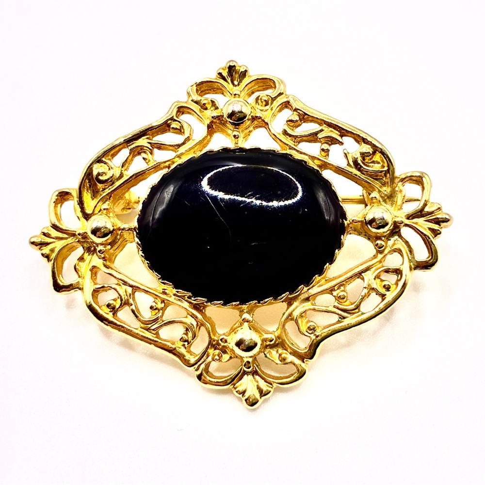 Vintage Black Enamel with Gold Tone & Filigree Work Brooch Size 1 1/2” X 1 1/4”